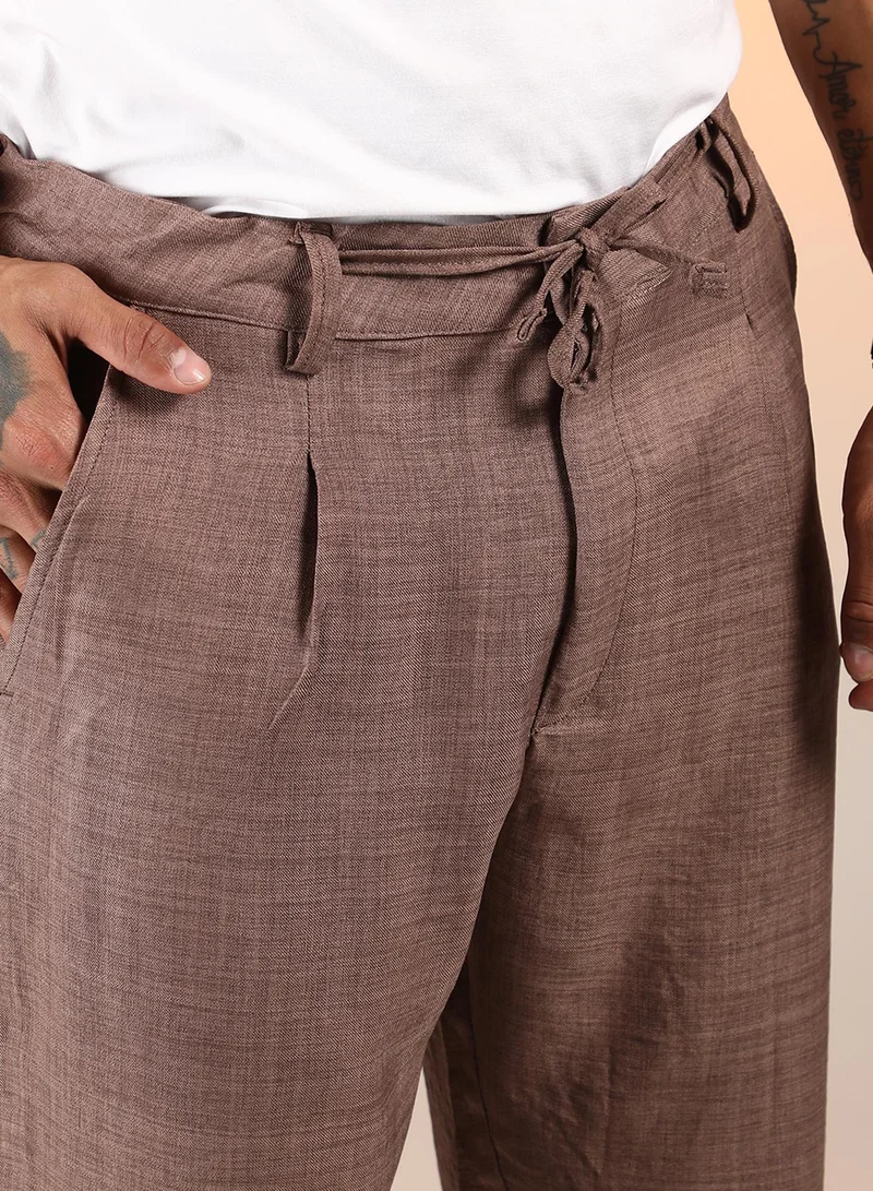 CAHOOT  Men's Ash Brown Solid Pleated Trousers For Casual Wear | Mid-Rise | Regular Fit | Drawstring Closure | Trousers Crafted With Comfort Fit For Everyday Wear for Men | Best Price UAE
